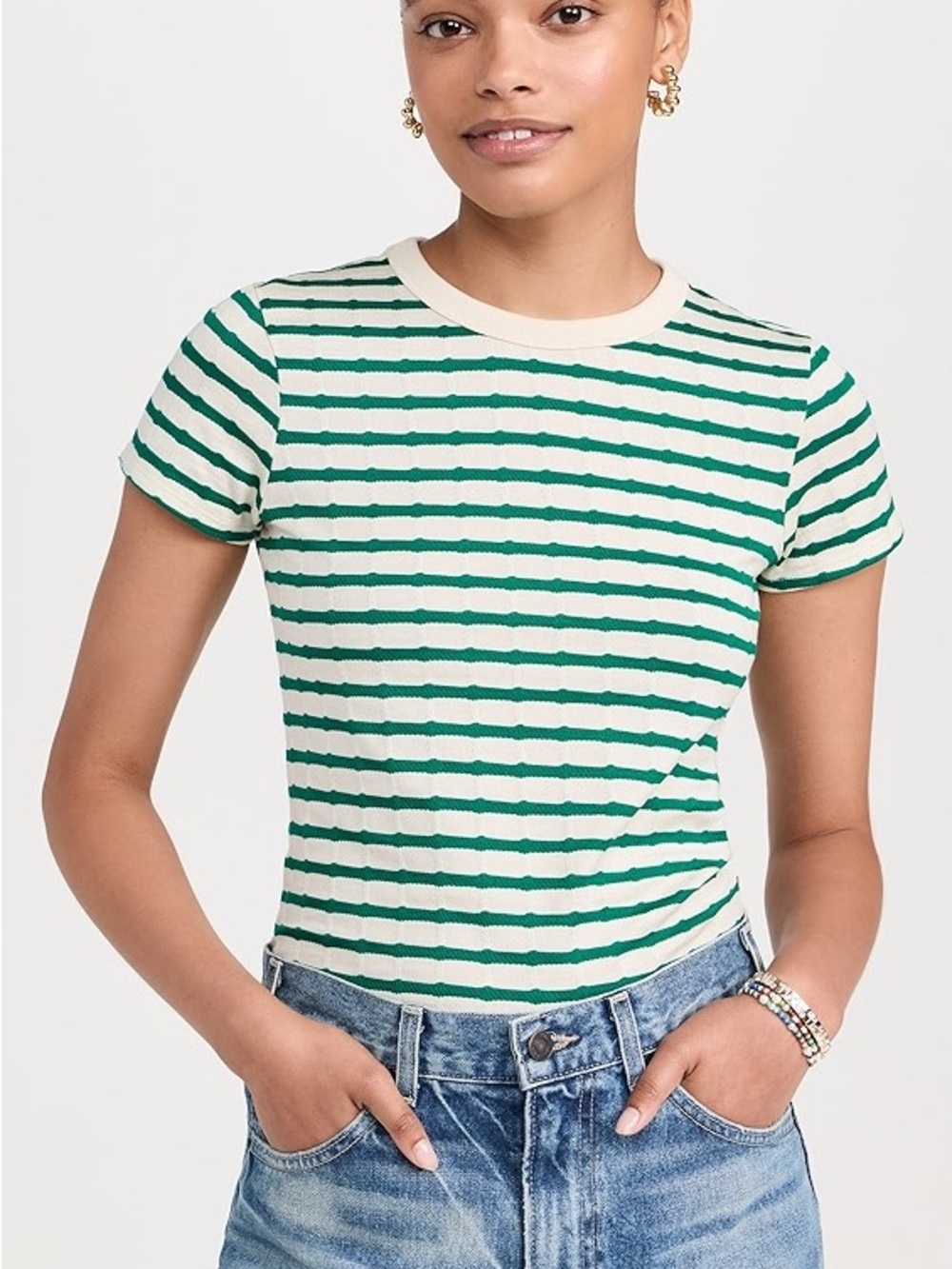 Nation LTD Green & Cream Striped Short Sleeve Tee